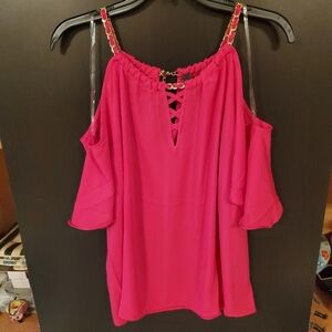 NWT INC Cold-Shoulder Chain-Detail Lace Up Top